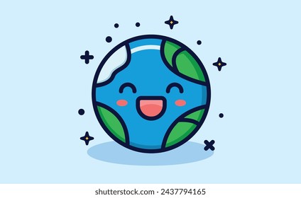 Happy planet earth globe simple linear bold stroke flat illustration icon