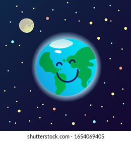 Happy planet Earth mascot in the space - healthy and clean smiling world, ecological card poster, banner, card, ad template, vector illustration