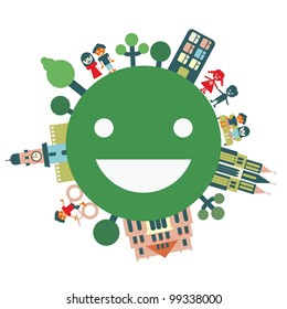 happy planet with happy people isolated on white
