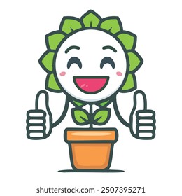 Personaje de planta feliz dando pulgares para arriba. Un carácter de planta alegre con una gran sonrisa da pulgares hacia arriba, simbolizando crecimiento, positividad, y éxito. Perfecto para temas ecológicos o de jardinería.