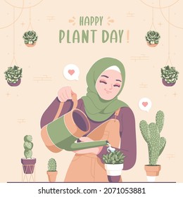 Happy Plant Day Islamic Hijab Girl Character Illustration Background