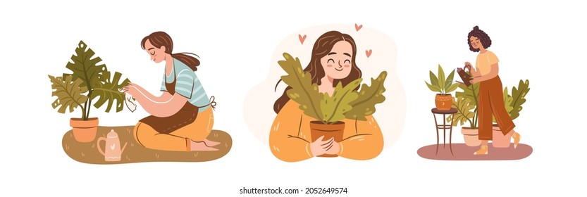 Happy plant lady set. Young woman plant lover taking care of houseplants. Caucasian and Afro American girls with potted plants.