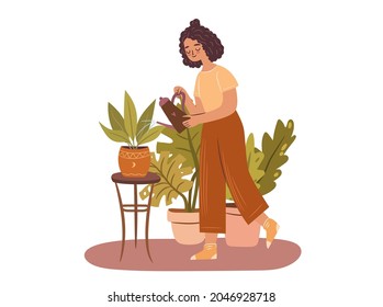 Happy plant lady. Young Afro-American woman plant lover taking care of houseplant. Girl watering a potted plant. Flat vector illustration on white background