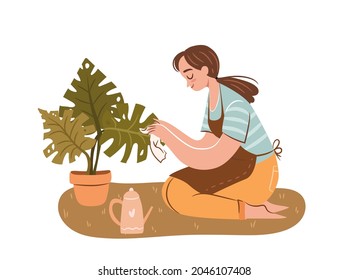 Happy plant lady. Young woman plant lover taking care of houseplant. Girl with potted plant. Flat vector illustration on white background