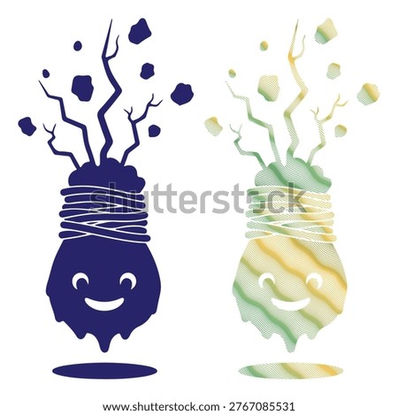 Happy plant, lightbulb character, growing concept, creative idea symbol, dark blue and green color.