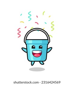 happy plastic bucket mascot jumping for congratulation with colour confetti , cute style design for t shirt, sticker, logo element