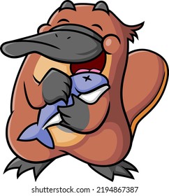 The happy platypus is holding the fish with the happy expression of illustration