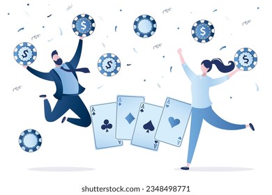 Happy players with casino chips and playing cards. Smart gamers playing online gambling games. Gamble, risk and fortune, concept. flat vector illustration