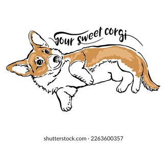 Happy playful dog corgi lettering text your sweet corgi. Close-up. Clip art. Hand Painting. Ink. Black and white. Line art