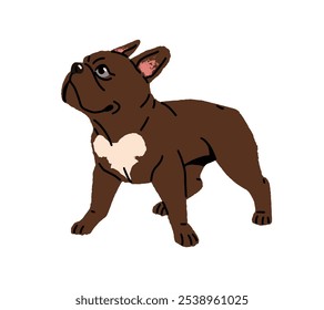 Feliz brincalhão francês Bulldog stands. Filhote bonito com cor marrom se diverte. Cachorro engraçado com jogos de focinho curiosos. Divertido animal de estimação, animal doméstico. Ilustração de vetor isolado plano sobre fundo branco