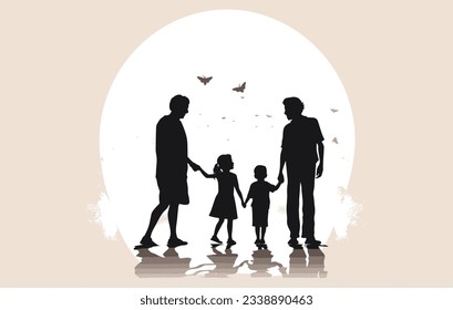 Happy and playful grandchildren silhouette, Children sliding down the slide in the park.
