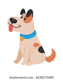 Happy, playful puppy sitting and panting with tongue out, showcasing black ears and spots, isolated on a white background in a cheerful vector illustration