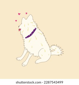 Happy playful white dog sitting and turned his head sideways, tongue out. Laika dog, friend animal, guide dog, companion pet. National Puppy Day. Colorful hand drawn doodle illustration vector