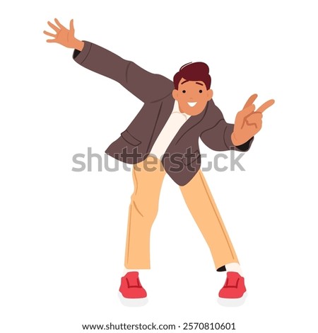 Happy playful young man gesticulating v-sign victory hand gesture isolated on white background. Cheerful energetic millennial male cartoon character posing with positive emotion vector illustration