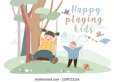 Happy playing kids concept background. Smiling children play on playground in park, outdoor activities. Little girl rides on swing and cute boy flies kite. Vector illustration in flat cartoon design