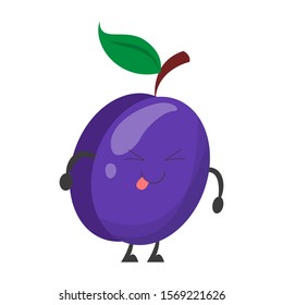 Happy plum character with face vector isolated. Cute fruit, funny food cartoon. Healthy nutrition.