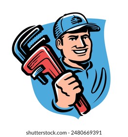 Happy plumber with adjustable wrench tool, emblem. Plumbing work and sanitary service logo. Vector illustration