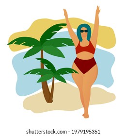 A happy plump girl in a red bathing suit by a palm tree. The body is positive. Love your body. Girls on the beach. Acceptance of your body.