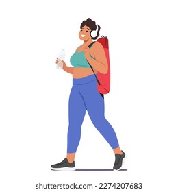 Happy Plump Woman Carrying Yoga Mat As She Walks Towards A Gym. Female Character Promote Fitness And Healthy Lifestyle, Gym Membership or Workout Clothing. Cartoon People Vector Illustration