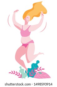 A happy plump woman in a pink bathing suit jumps merrily among the plants. Vector illustration in light colors on the theme of bodypositive.