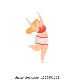 Happy Plump Woman in Underwear, Body Positive, Self Acceptance and Beauty Diversity Concept Vector Illustration