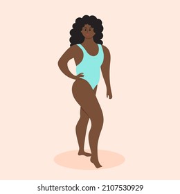 Mujer afroamericana feliz más grande en traje de baño. Cuerpo positivo, aceptación, feminismo, fitness, concepto deportivo. Atractivo modelo de sobrepeso. Ilustración vectorial.