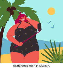 Happy plus size body positive girl is taking selfie on the seaside. Sea, water, sun and palm tree on background. Smiling woman with phone on selfie-stick makes selfshot. Vector flat illustration