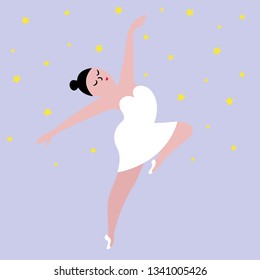 Happy plus size dancing woman in white dress on a starry night background. Body positive concept, flat vector illustration isolated on white background.