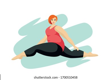 Happy plus size girl doing full split. Happy body positive concept. I love my body. Attractive overweight woman stretching. For Fat acceptance movement, no fatphobia Fat woman Vector flat Illustration