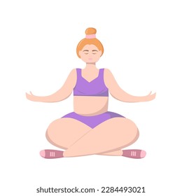 Happy plus size girl doing yoga in lotus position. Relax meditation. Body positivity theme. Self time concept illustration.