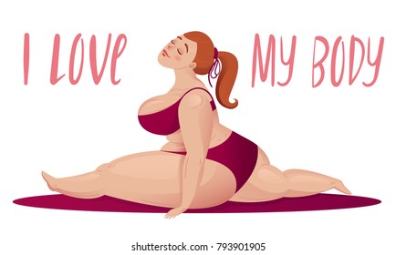 Happy plus size girl doing full split. Happy body positive concept. I love my body. Attractive overweight woman stretching. For Fat acceptance movement, no fatphobia. Illustration on white background