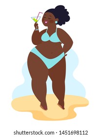Happy plus size girl drinking a cocktail. Happy body positive concept. Different is beautiful. Attractive overweight woman. For Fat acceptance movement no fatphobia. Vector illustration.