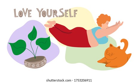 A happy plus size girl and a fat red cat play sports. Love yourself, lettering. Positive attitude towards the body. The concept of an active healthy lifestyle. Flat vector illustration. 
