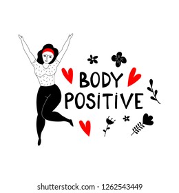 Happy plus size girl on a white background. Body positive concept.  Hand drawn vector illustration. 