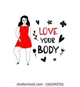Happy plus size girl on a white background. Love your body concept.  Hand drawn vector illustration. 