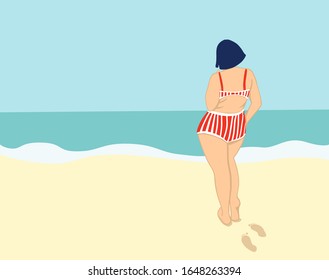 Happy plus size girl on a beach, she looks on the sea. Body positive concept. Attractive overweight woman. Concept For Fat acceptance movement no fatphobia. Vector summer time illustration