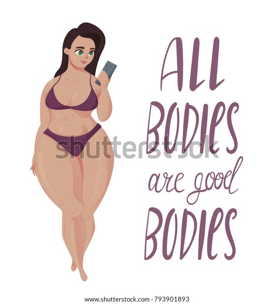 Happy Plus Size Girl With Smartphone In Bikini Happy Body Positive