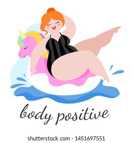 Happy plus size girl swims in the sea on a unicorn. Happy body positive concept. Different is beautiful. Attractive overweight woman. For Fat acceptance movement no fatphobia. Vector illustration.