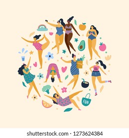 Happy plus size girls enjoy life. Attractive body positive woman doing yoga, sport, fun, love and other. Vector illustration.