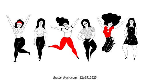 Happy plus size girls on a white background. Friendship. Women's Day. Hand drawn vector illustration. 