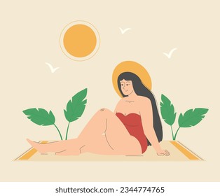 Happy plus size swimsuit model vector illustration.