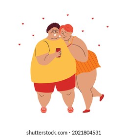 Happy Plus Size Woman And Man Are Taking Selfie. Smiling Overweight Couple In Love. Body Positive Young People. Vector Hand Drawn Flat Illustration