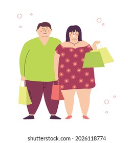 Happy Plus Size Woman And Man Are Doing Shopping. Smiling Overweight Couple Holding Packages. Body Positive Young People. Vector Hand Drawn Flat Illustration