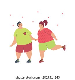 Happy Plus Size Woman And Man Are Rollerblading. Smiling Overweight Couple Roller Skating. Body Positive Young People. Vector Hand Drawn Flat Illustration