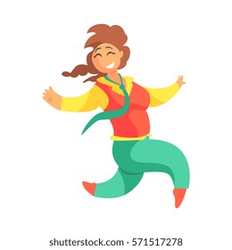 Happy Plus Size Woman In Red Vest And Green Pants With Plat Running, Enjoying Life, Smiling Overweighed Girl Cartoon Characters