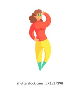Happy Plus Size Woman In Red Sweater And Yellow Pants Enjoying Life, Smiling Overweighed Girl Cartoon Characters