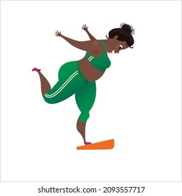 Happy plus size woman standing on scales. Diet and weight loss concept for overweight and obese people. Vector illustration.
