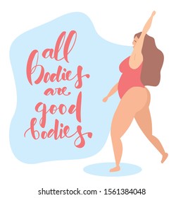 Happy plus size woman in swimsuit doing fitness exercise. All bodies are good bodies lettering