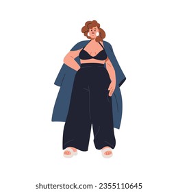 Happy plus-size fat woman in modern fashion clothes. Chunky chubby body-positive girl standing in trendy apparel. Stylish young female character. Flat vector illustration isolated on white background