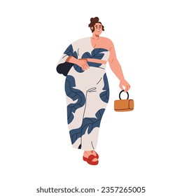 Happy plus-size woman standing in modern summer outfit. Smiling young fat girl with chubby chunky body, stylish casual clothes, apparel and bag. Flat vector illustration isolated on white background